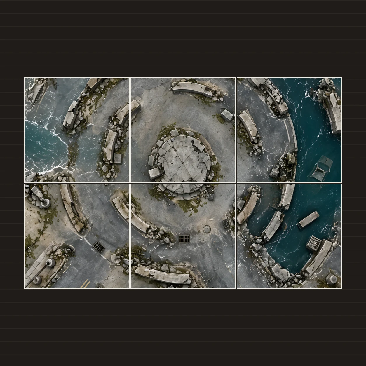 Illustration d’une battlemap disposée sur six feuilles imprimées sur une table