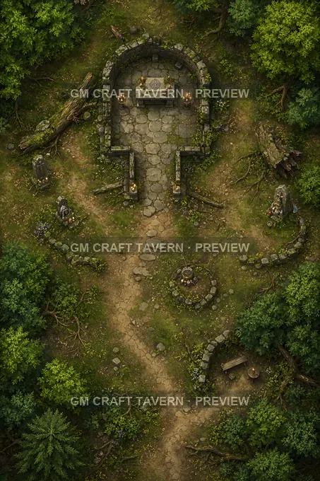 Pilgrims Wayforest Chapel Clearing With Candle Stands battlemap preview
