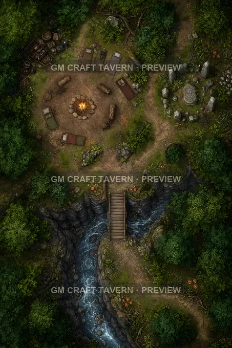 Watchfire Camp Glade Overlooking A Narrow Ravine Crossing battlemap preview
