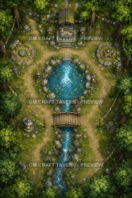 Springhead Shrine Glade With Small Bridge And Prayer Flags battlemap preview