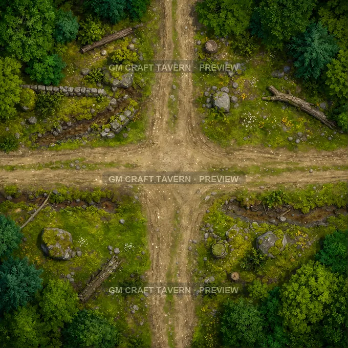 Mossy Trade Road Crossroads battlemap preview