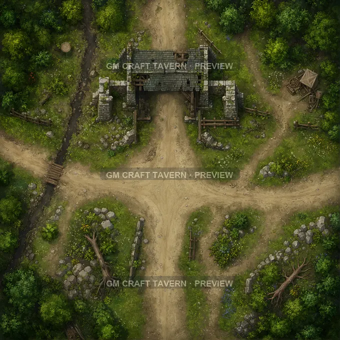 Overgrown Toll Road Gate battlemap preview
