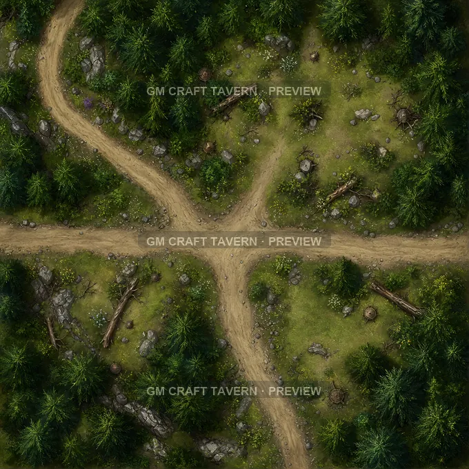 Dense Pine Road Bend battlemap preview