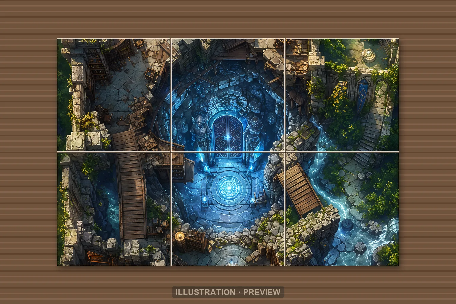 Illustration of a battlemap arranged on six printed sheets on a tabletop