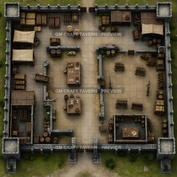 Arrow Fletching Court With Bale Stacks And Target Frames battlemap preview