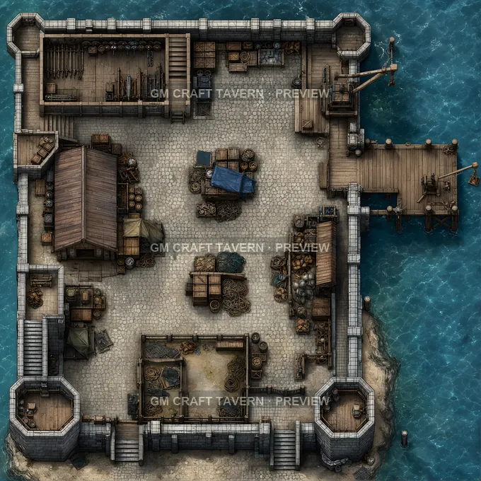 Seaward Fort Storeyard With Net Crates And Hoist Pier battlemap preview