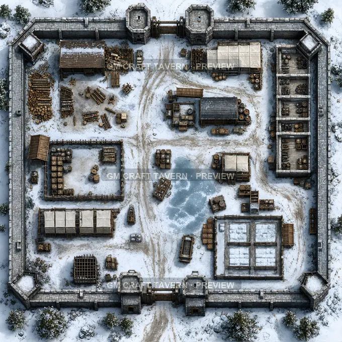 Winter Supply Compound With Firewood Stacks And Salt Sheds battlemap preview