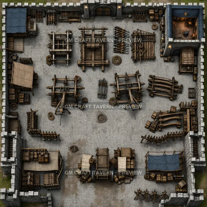 Ballista Workshop Court With Bolt Bundles And Winch Frames battlemap preview