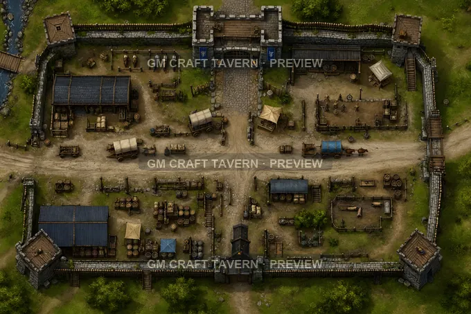 Border Keep Supply Lane With Customs Crates And Pack Mules battlemap preview