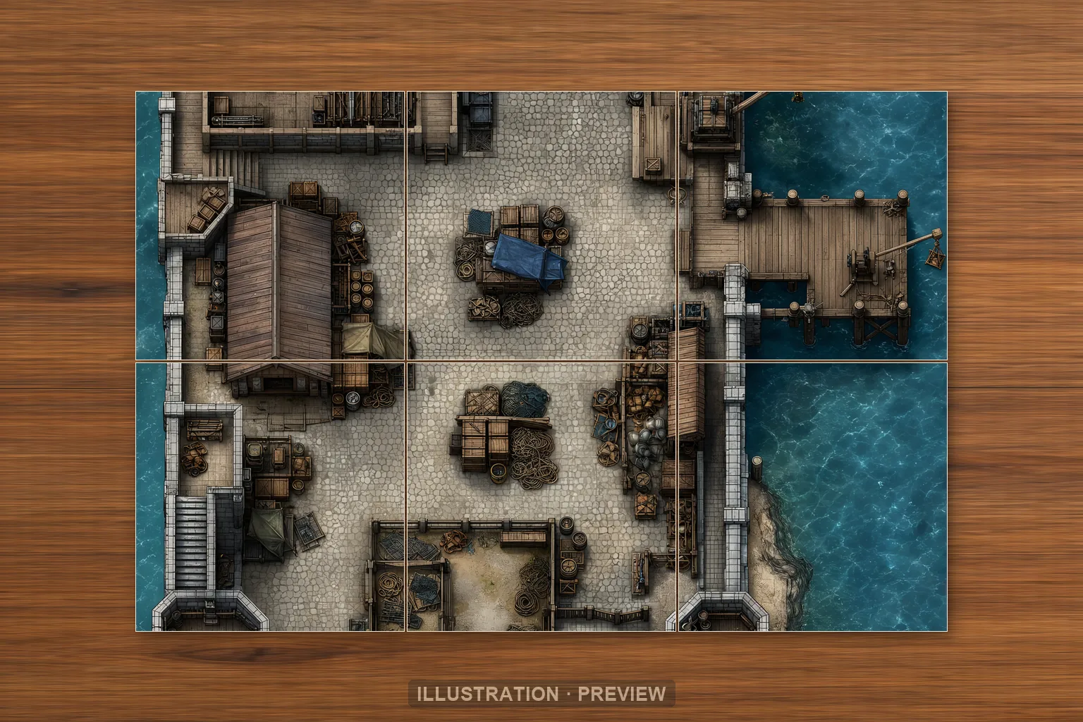 Illustration of a battlemap arranged on six printed sheets on a tabletop