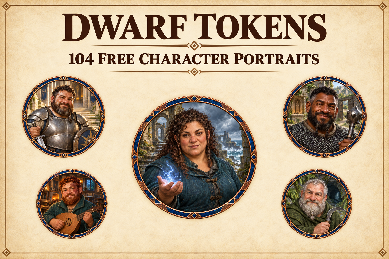 104 Tokens circulaires gratuits de nains — Portraits fantasy