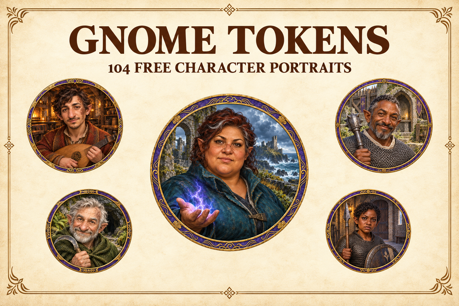 104 Tokens circulaires gratuits de gnomes — Portraits fantasy
