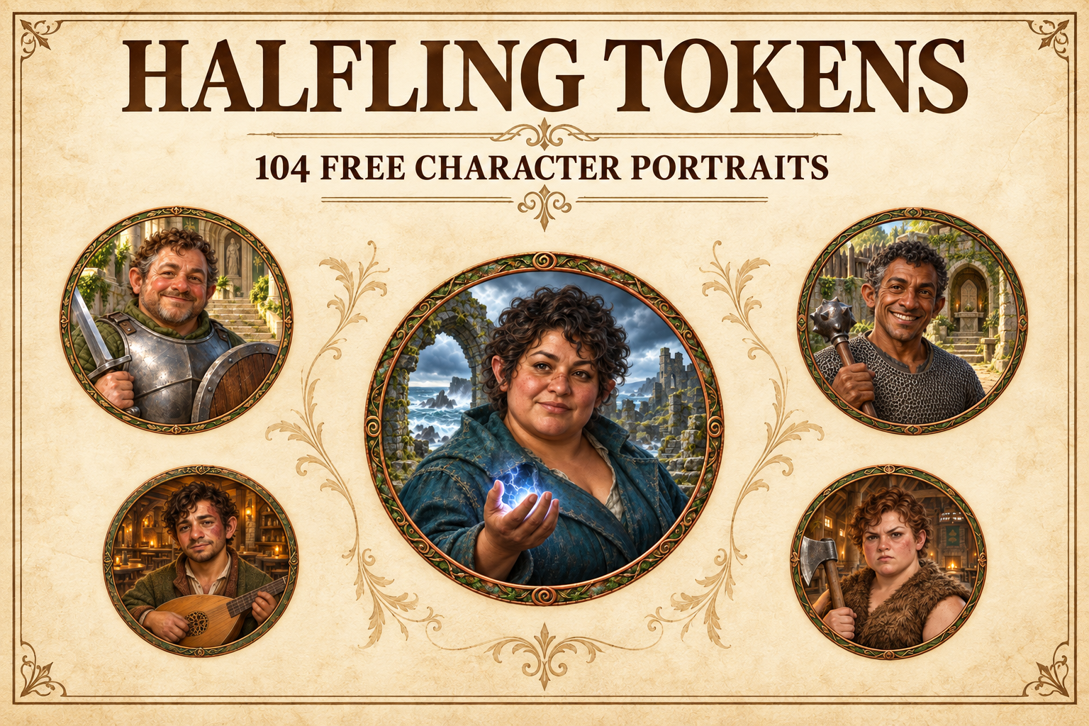 104 Tokens circulaires gratuits de halfelins — Portraits fantasy