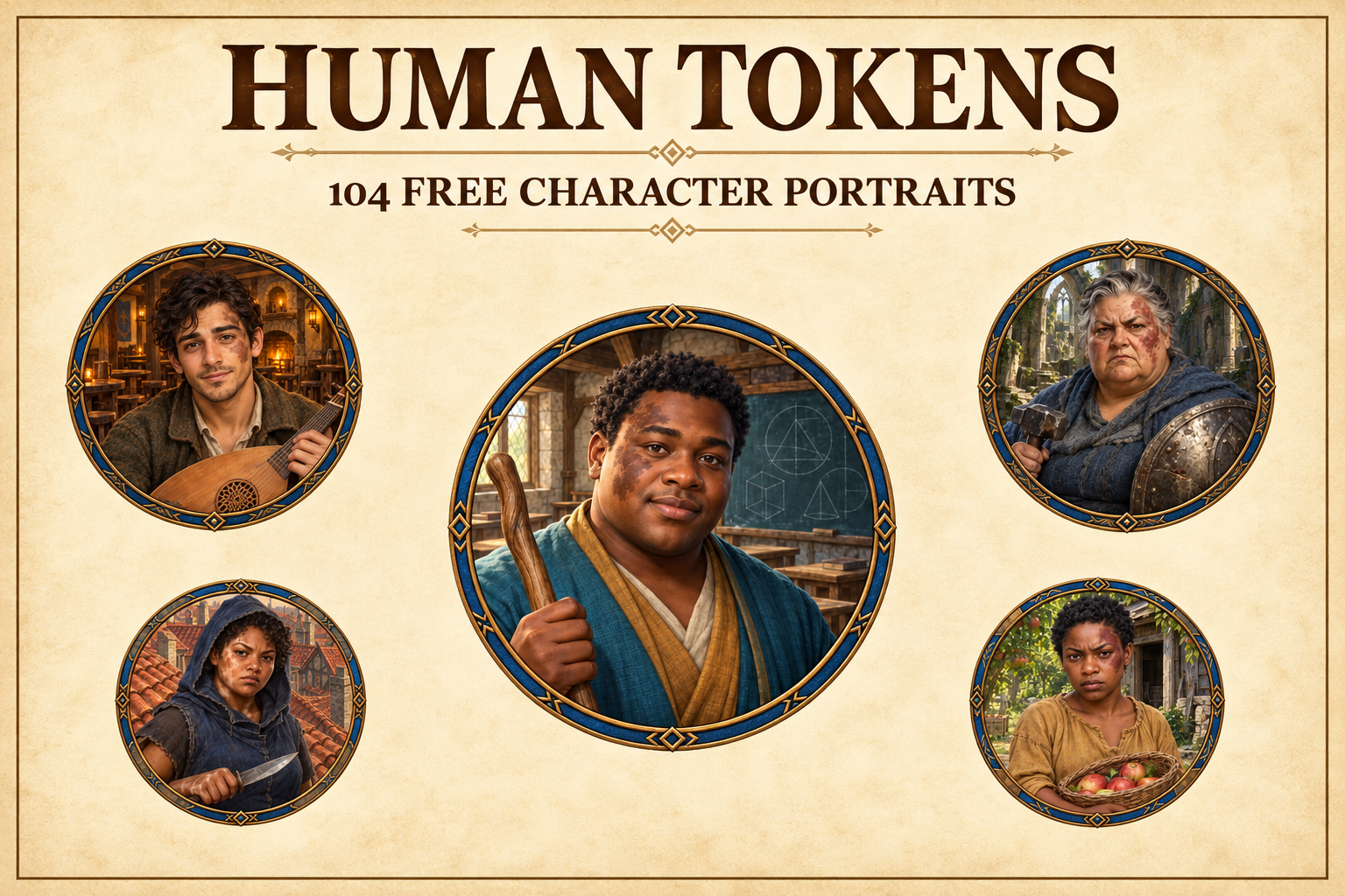104 Tokens gratuits de personnages humains — Portraits fantasy