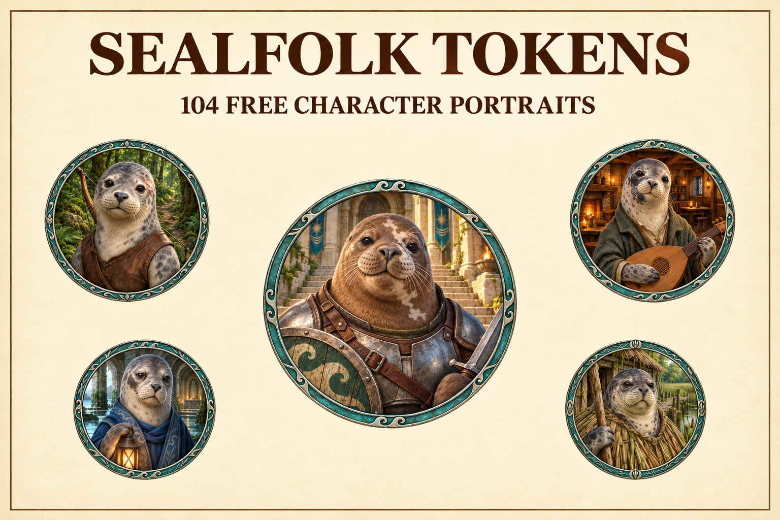 104 Tokens de personnage phoquefolk gratuits — portraits de fantasy