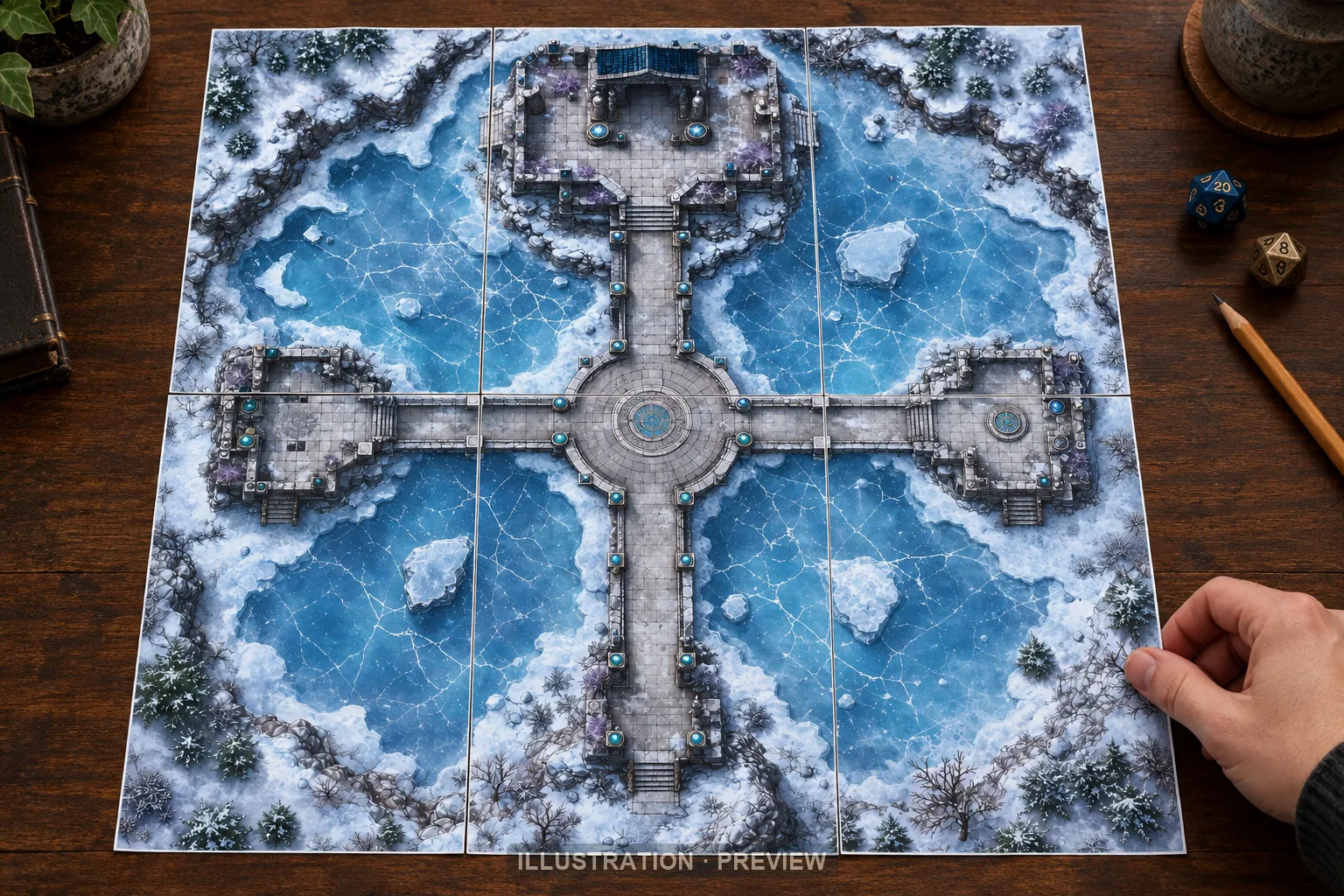 Illustration d’une battlemap disposée sur six feuilles imprimées sur une table