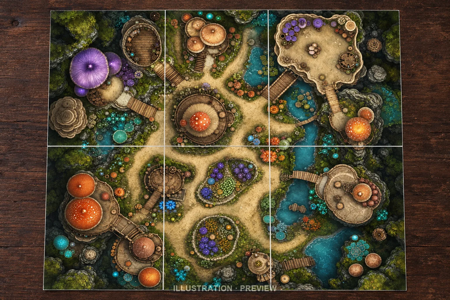 Illustration of a battlemap arranged on six printed sheets on a tabletop
