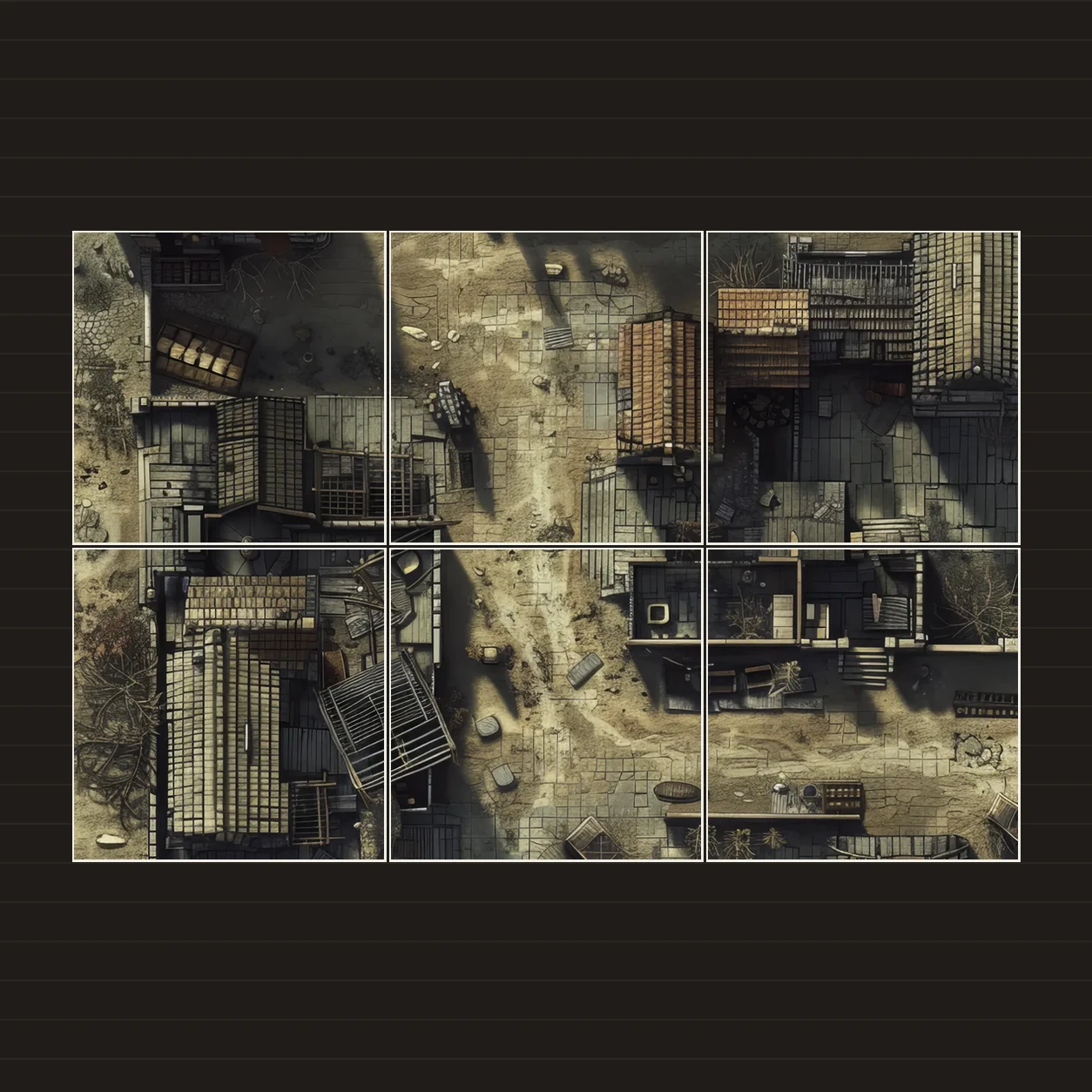 Illustration of a battlemap arranged on six printed sheets on a tabletop
