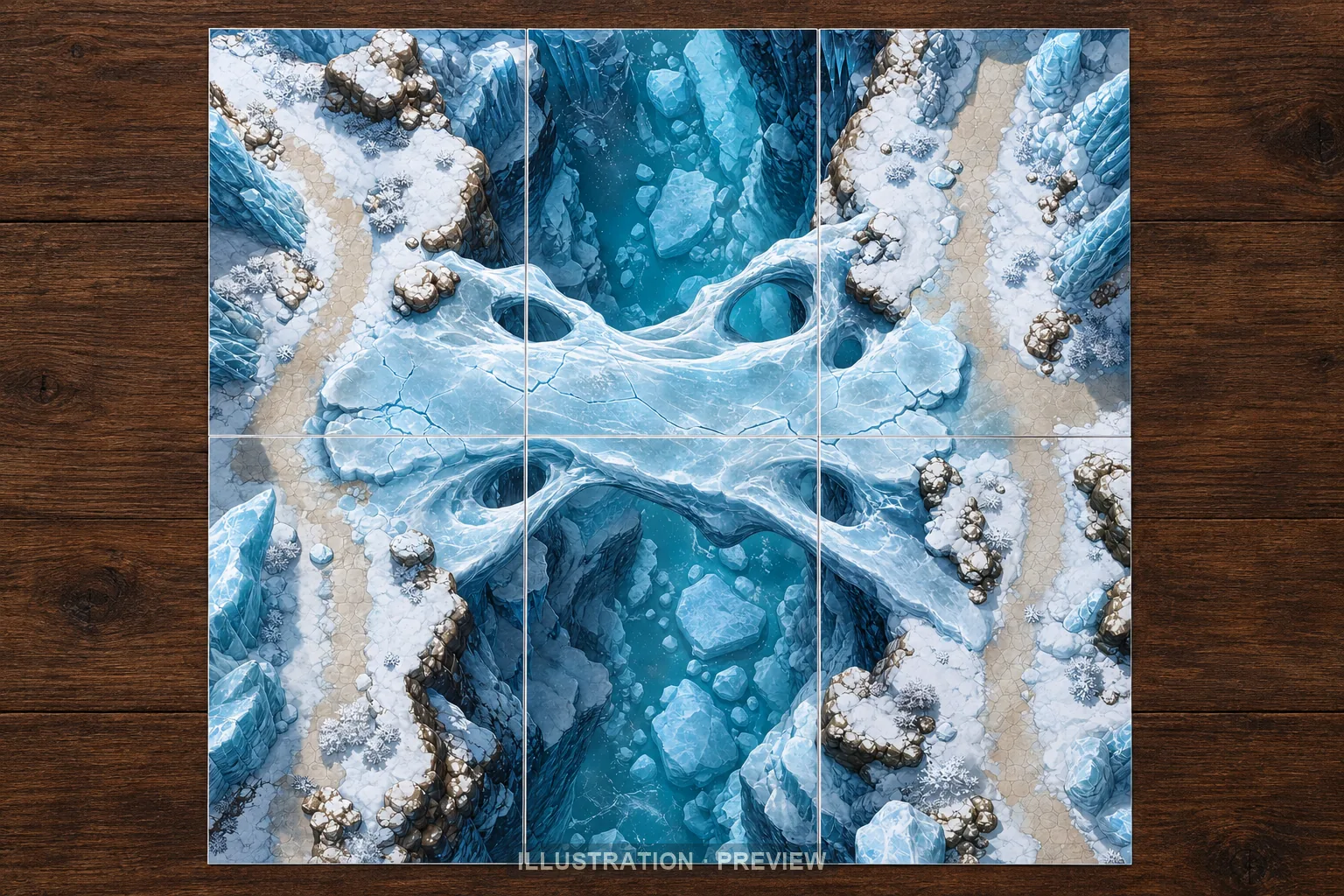 Illustration d’une battlemap disposée sur six feuilles imprimées sur une table