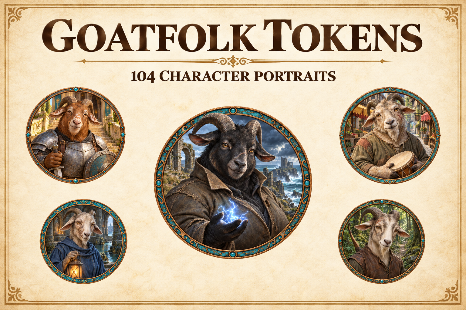 104 tokens de personnages goatfolk — portraits fantasy