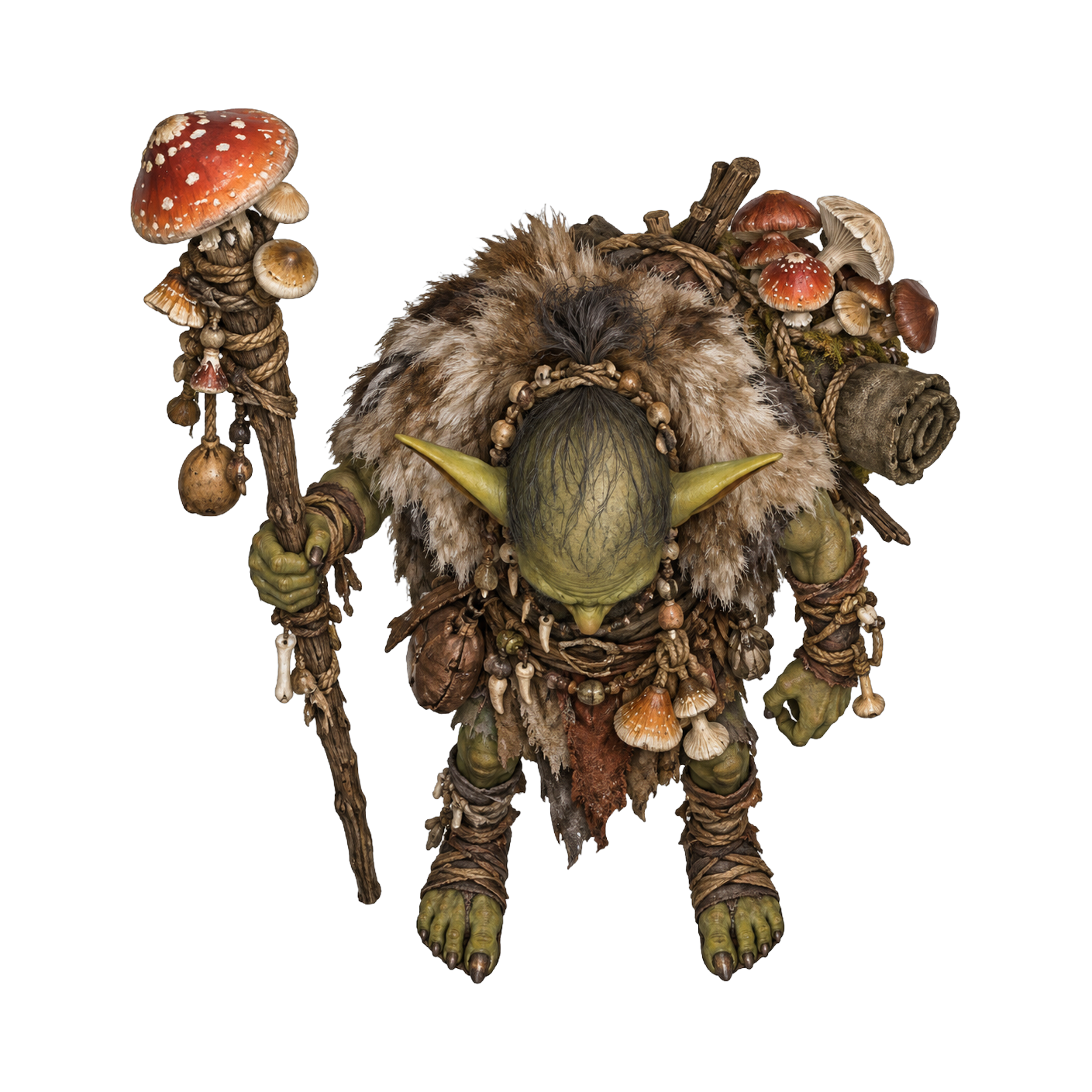 Aperçu du token vu du dessus Chaman gobelin avec des totems champignons et une cape de fourrure