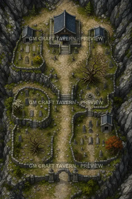Mountain Pass Shrine Cemetery With Terraced Graves battlemap preview