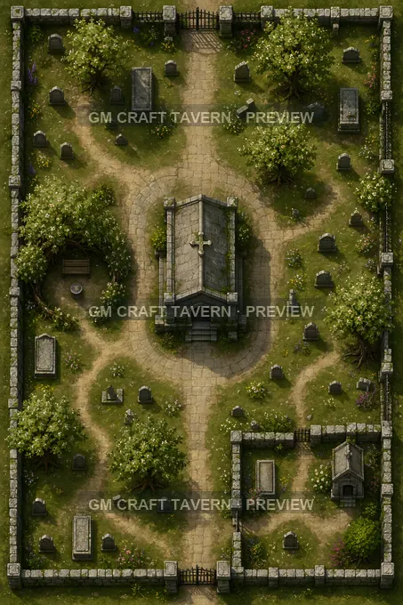 Sunlit Orchard Burial Grove With Family Crypt And Bench Nook battlemap preview