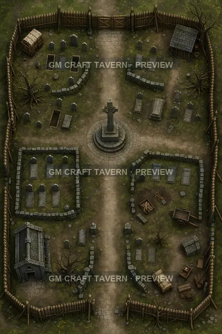 Plague Year Memorial Ground With Quarantine Fence And Stone Cross battlemap preview