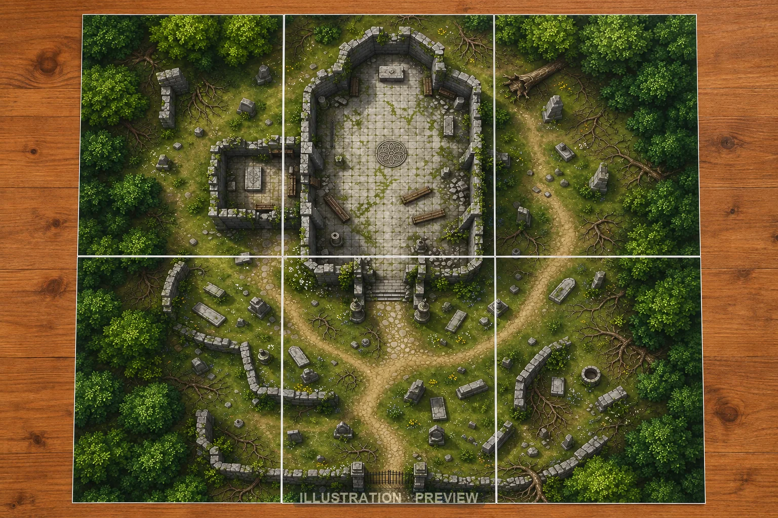 Illustration of a battlemap arranged on six printed sheets on a tabletop