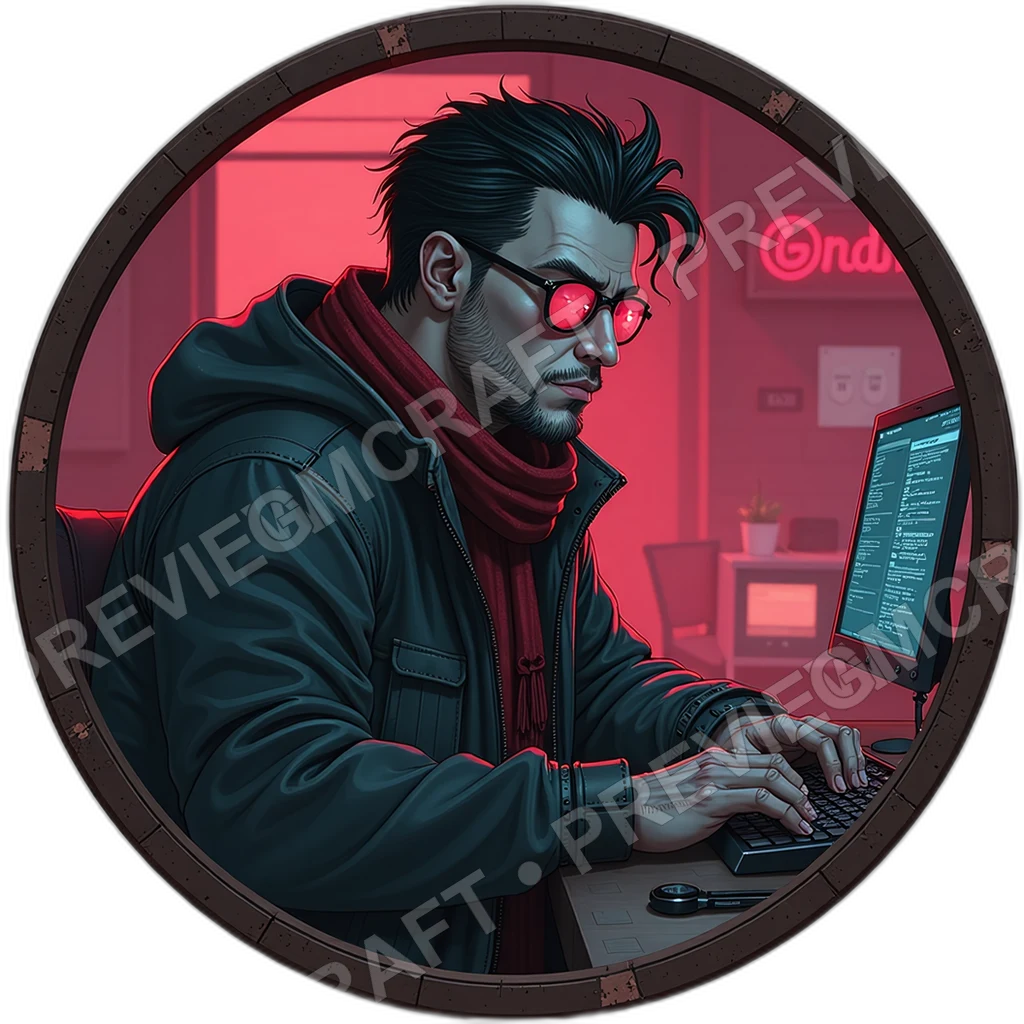 Glass Eye Cryptographer, Male, Subdermal Server Node, Fingertip Cipher Reels, Burnt Coffee Stain Scarf, Hackers, , Age,1.8,, ,Overweight With 0001 top-down token preview
