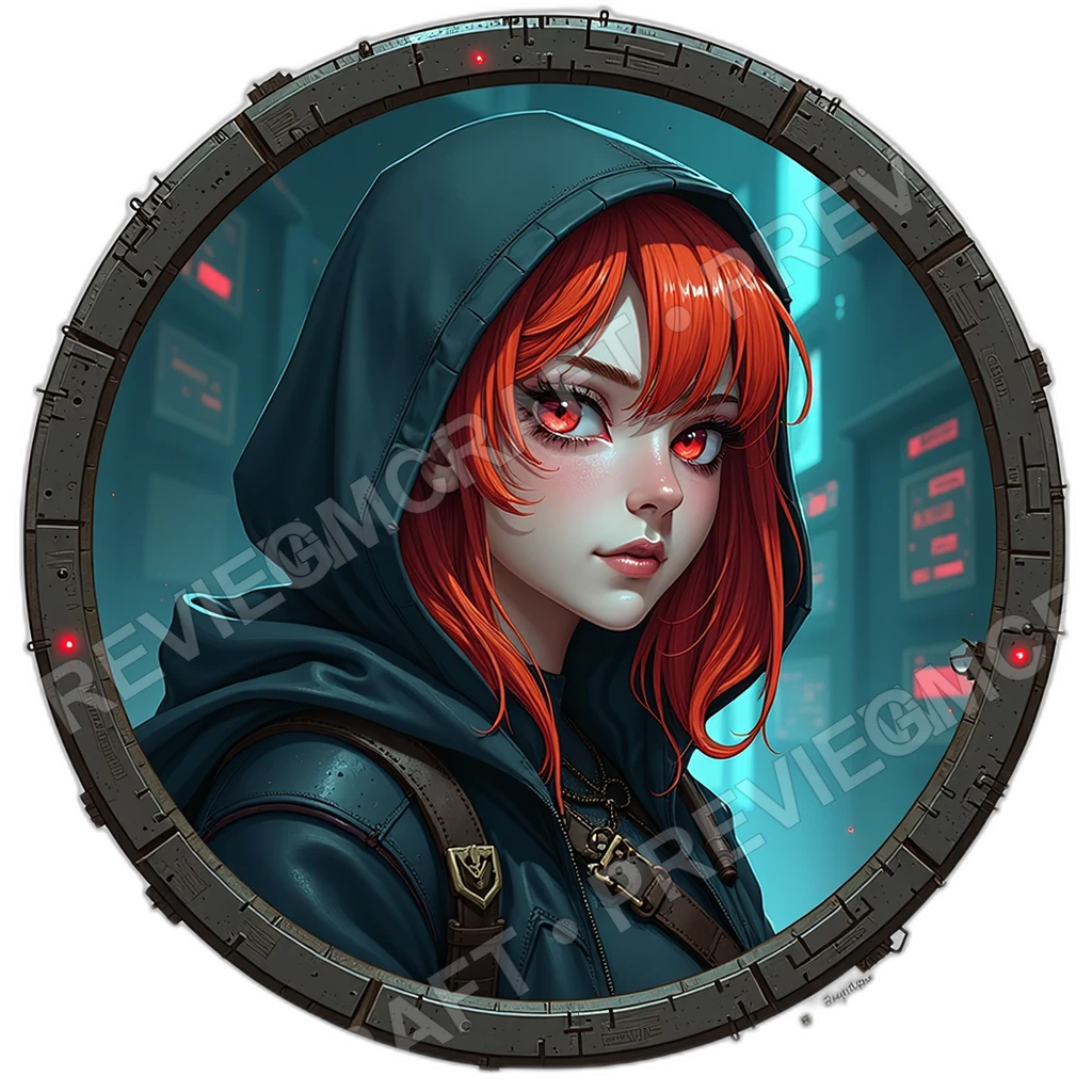 Hooded Codebreaker, Female, Temple Server Port, Holo Script Ribbons, Solder Stained Fingertips, Jittering Pupil Array, Hackers, ,Senior Age Old Person 0001 top-down token preview