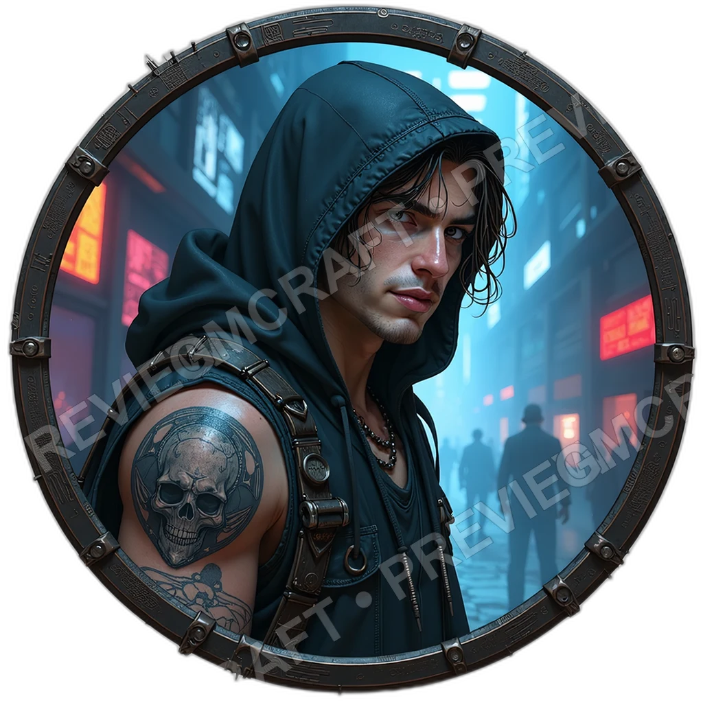 Hooded Netrunner, Male, Neural Lace Temple Port, Holo Code Ribbons, Solder Stained Fingertips, Vintage Synth Earbuds, Hackers, ,Adult,1.8,, ,Athletic 0001 top-down token preview