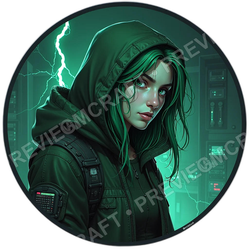 Hooded Netrunner, Neural Lace Port Temple, Holo Code Ribbons, Solder Stained Fingertips, Vintage Synth Earbuds, Hackers, ,Middle,Aged Adult,1.8,, ,Hea 0001 top-down token preview