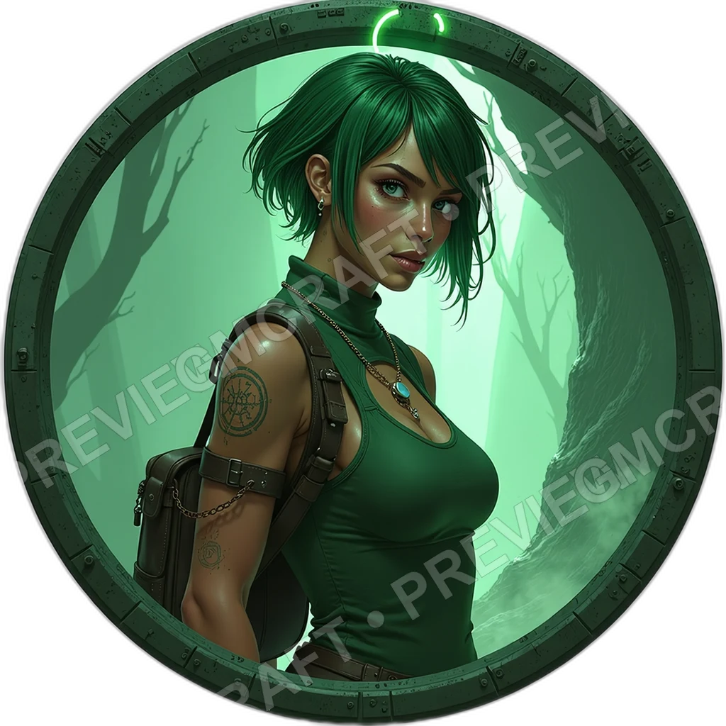 Node Whisperer, Female, Scalp Fiber Halo, Fingertip Code Reels, Stained Datapad Satchel, Hackers, ,Middle,Aged Adult,1.8,, ,Slim Build,1.8,, ,Forest G 0001 top-down token preview