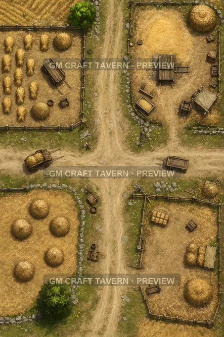 Harvest Field Crossroads With Wagons And Hayricks battlemap preview