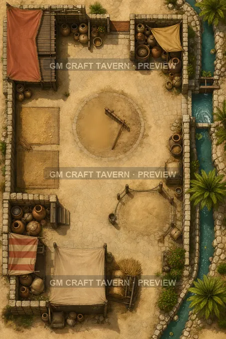 Desert Oasis Barley Court With Awnings And Storage Jars battlemap preview