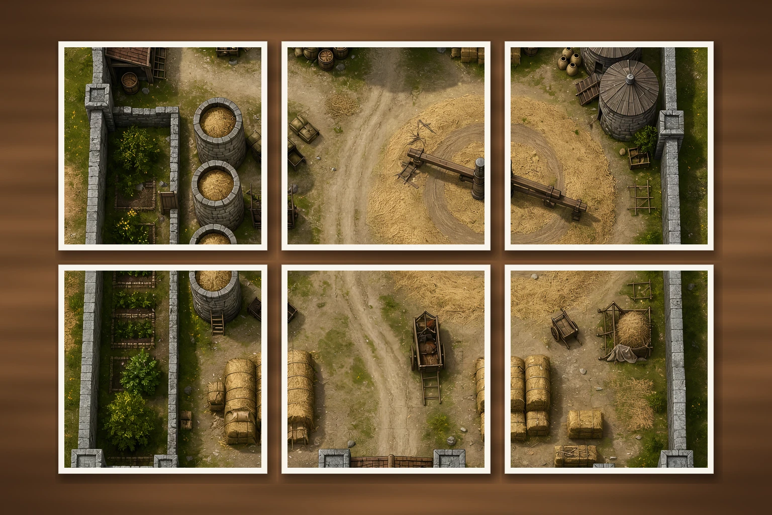 Illustration of a battlemap arranged on six printed sheets on a tabletop