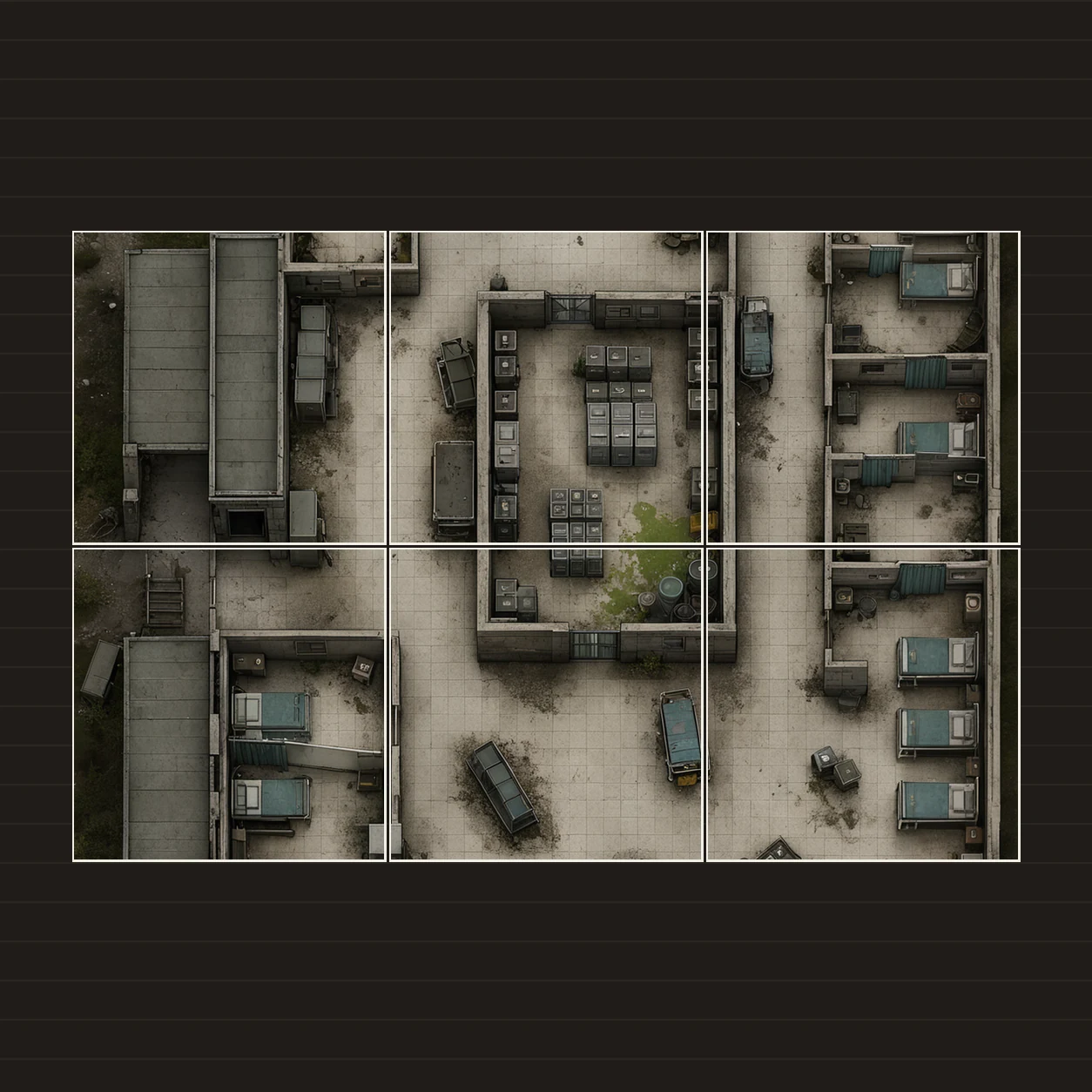 Illustration d’une battlemap disposée sur six feuilles imprimées sur une table