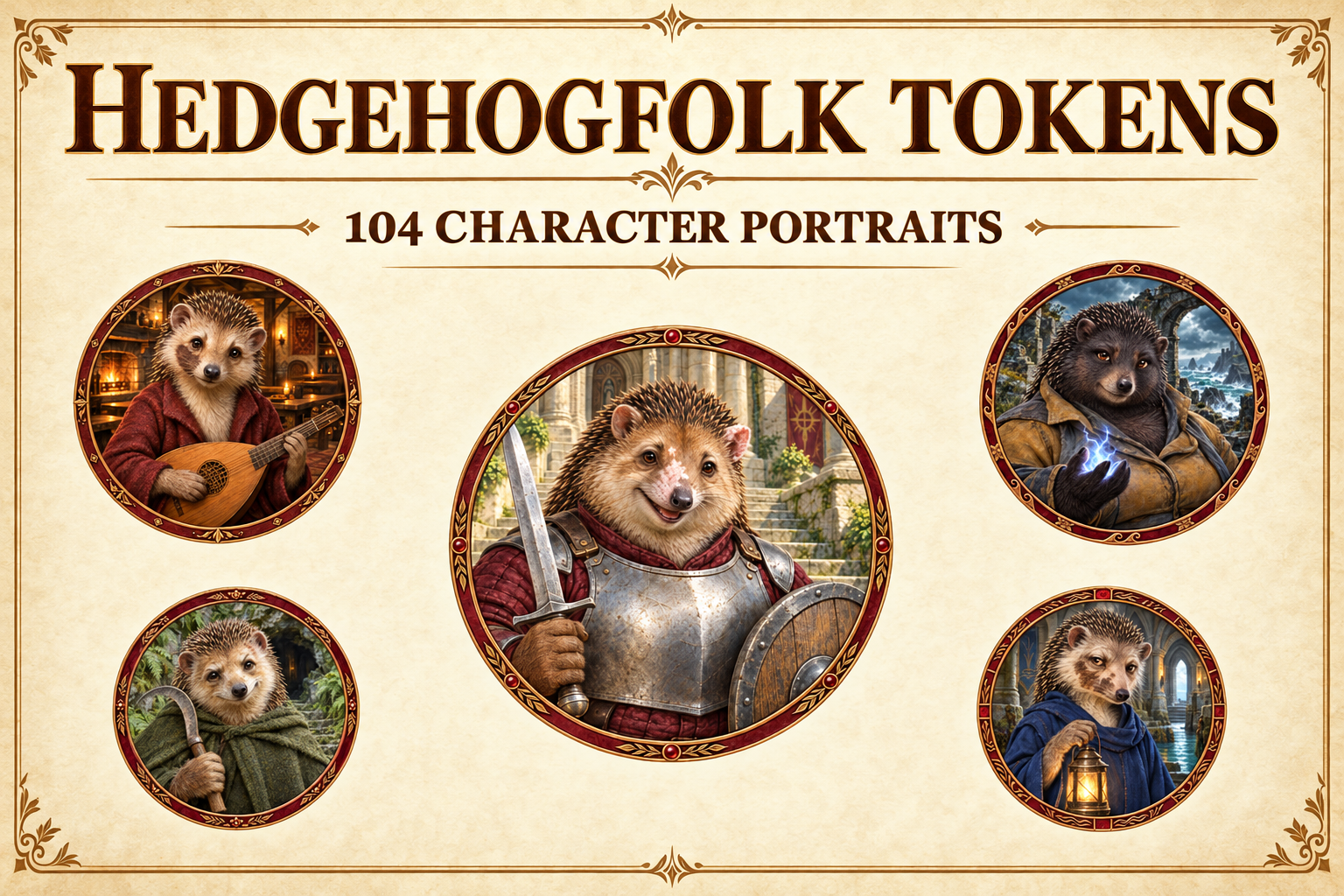 104 Tokens de personnages hérissons — portraits fantasy