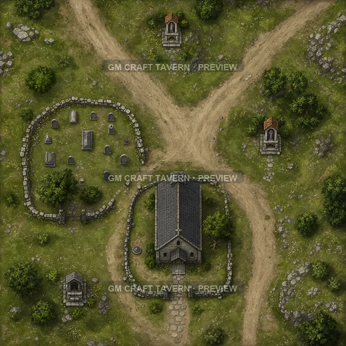 Roadside Chapel At A Forked Cart Road With Low Cemetery Wall battlemap preview