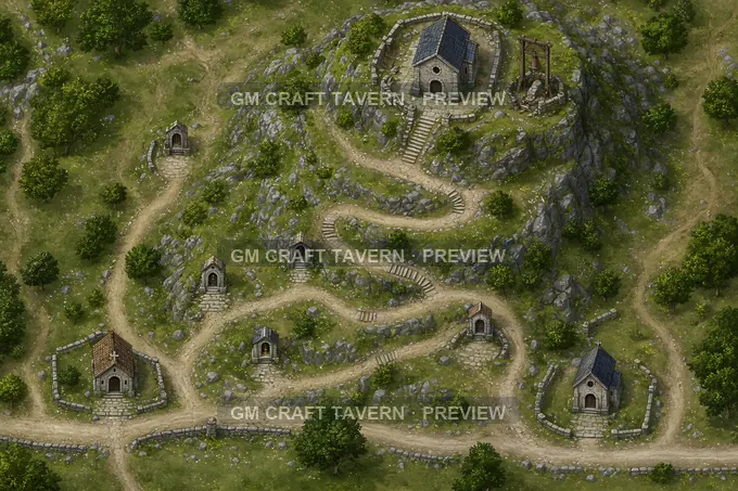 Ridge Chapel With Switchback Path And Ruined Bell Frame battlemap preview