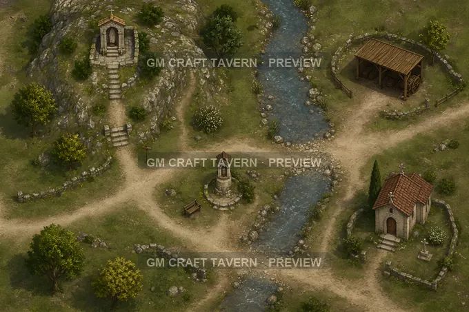 Wayside Saint Shrine Beside A Stream Ford And Wagon Shelter battlemap preview