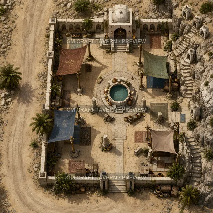 Desert Roadside Prayer Court With Shade Awnings And Cistern Shrine battlemap preview