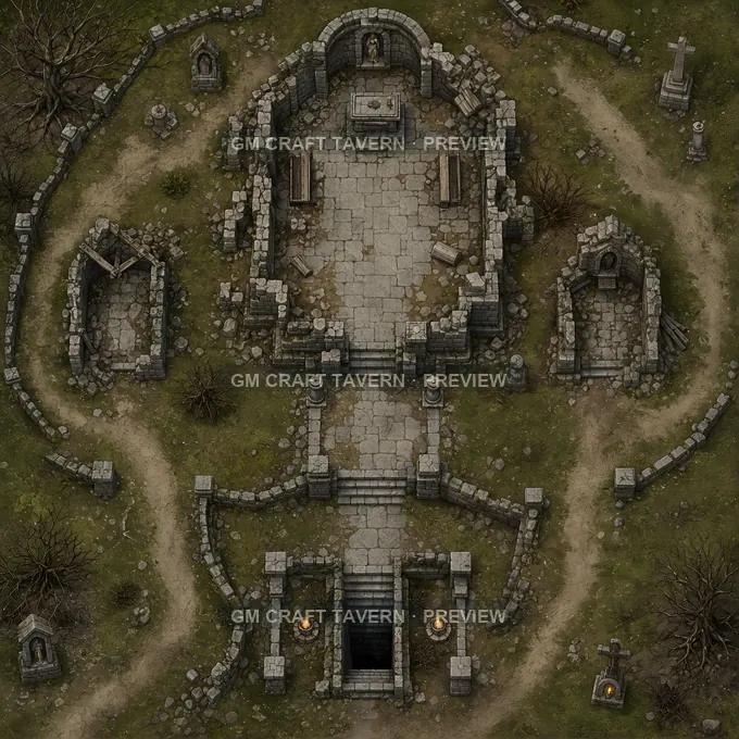 Ruined Martyr Shrine Over Catacomb Stair And Retaining Walls battlemap preview