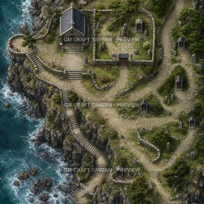 Seaside Cliff Chapel With Tide Stair And Shrine Garden Wall battlemap preview
