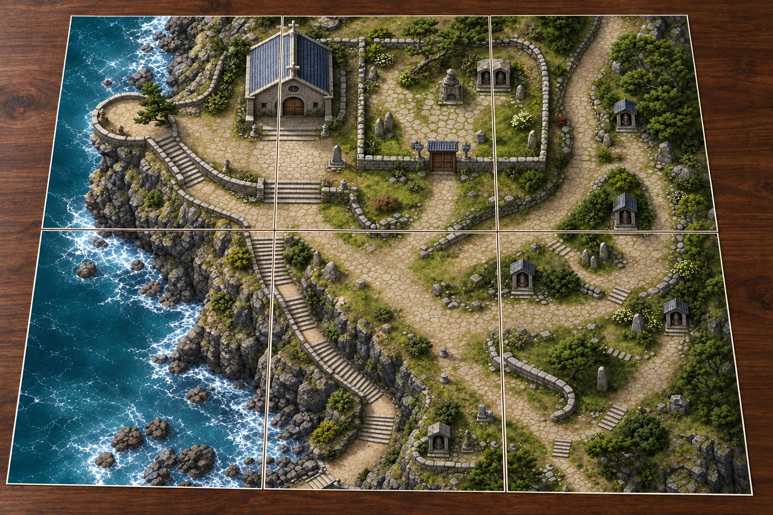 Illustration of a battlemap arranged on six printed sheets on a tabletop
