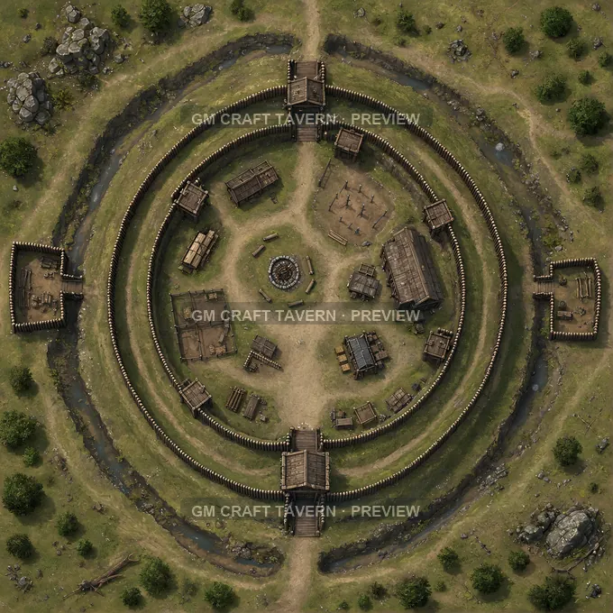 Aperçu de la battlemap Colline fortifiée circulaire avec portes en bois