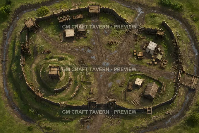 Aperçu de la battlemap Enclos fortifié endommagé par la tempête avec échafaudages de réparation