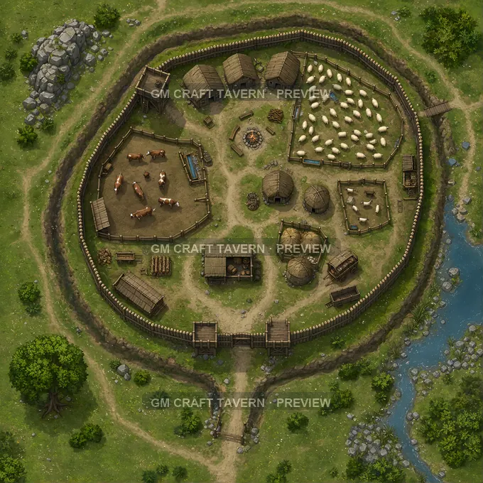 Aperçu de la battlemap Refuge de bergers palissadé avec enclos pour animaux
