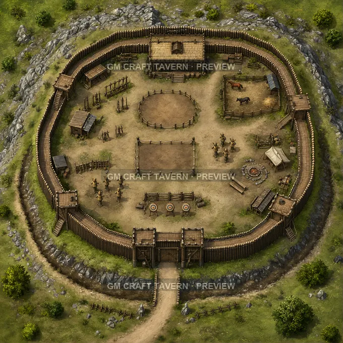 Aperçu de la battlemap Colline fortifiée frontalière avec pistes d’entraînement et cibles